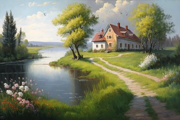 Fototapeta na wymiar Oil Painting of Farmhouse with Road and Meadow in Spring as Digital Illustration (Generative AI)