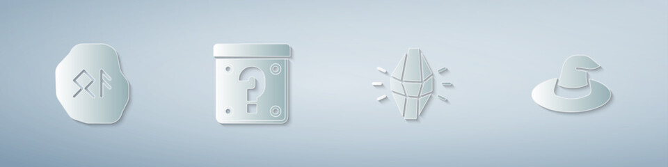 Set Magic runes, Mystery box, stone and Witch hat. Paper art style. Vector