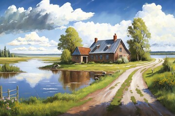 Fototapeta na wymiar Oil Painting of Farmhouse with Road and Meadow in Spring as Digital Illustration (Generative AI)