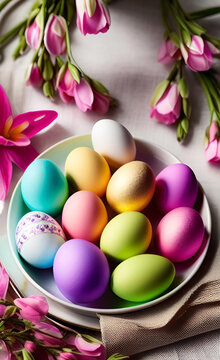 Easter eggs are painted in different colors on the plate and pink spring flowers.Top view, Easter celebration concept. 