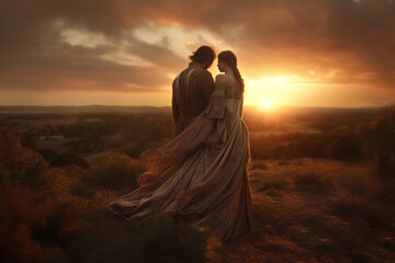 2 soulmates on a windswept moorland at sunset. Generative Ai.