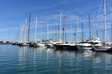 Fototapeta na wymiar Palma, de Mallorca, island, Baleares, Spain, marina, harbor, yachts, sailboats, city, vacation, luxury, boat, yacht, ship, harbour, port, sailing, dock, travel