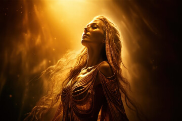 Angelic woman bathing in the golden light of the divine source. Generative Ai.