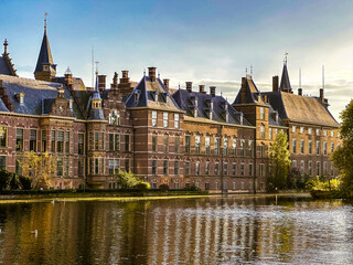 View of The Binnenhof building at sunset in The Hague, Netherlands
