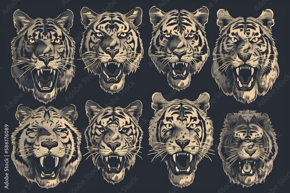 Aufkleber illustration of multiple tiger heads roaring with open mouths created with generative ai technology