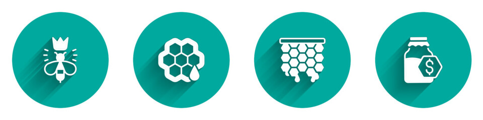 Set Queen bee, Honeycomb, and Sale in jar of honey icon with long shadow. Vector