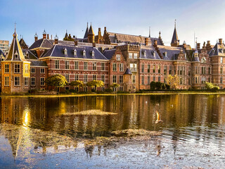 View of The Binnenhof building at sunset in The Hague, Netherlands