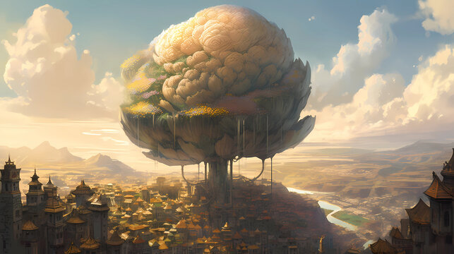 A giant flower its petals dwarfing the buildings below. digital art illustration. generative AI.