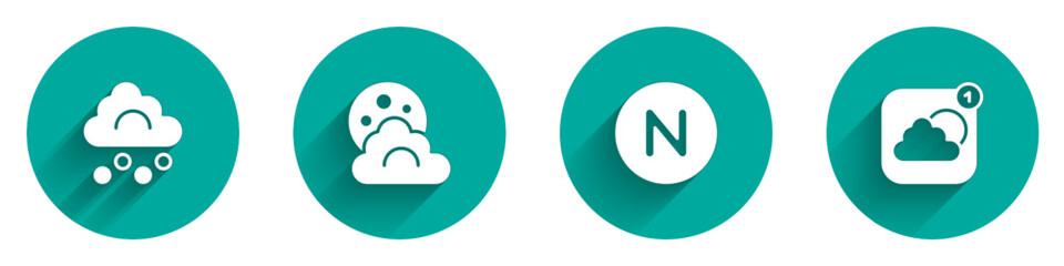 Set Hail cloud, Cloud with moon, Compass north and Weather forecast app icon with long shadow. Vector