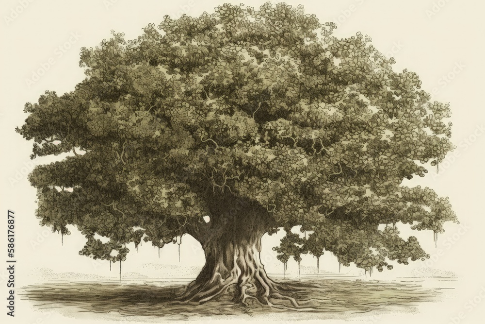 Poster sprawling tree with abundant foliage and branches created with generative ai technology