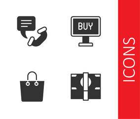 Set Stacks paper money cash, Telephone 24 hours support, Paper shopping bag and Buy button icon. Vector