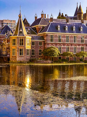 View of The Binnenhof building at sunset in The Hague, Netherlands
