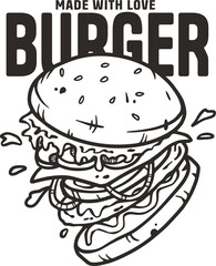 Burger with meat, cheese and vegetable for logo or emblem. American fast food or hamburger for poster. USA food with bun, lettuce, cheese, tomato, onion, cutlet for store.