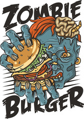 Obraz premium Zombie burger or american fast food or USA food with walking dead or undead with hamburger for logo or poster. Tasty burger in zombie hands
