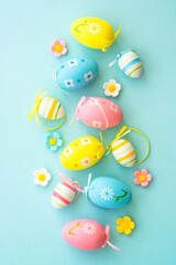 Fototapeta na wymiar Easter background with Eggs, rabbit and spring flowers at blue background.