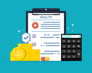 Health insurance concept, Health insurance document with shield, coin, calculator on isolated background, Digital marketing illustration.