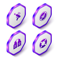 Set Isometric Fishing harpoon, Speaker mute, jacket and Lifebuoy icon. Purple hexagon button. Vector
