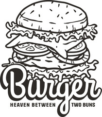 Burger with meat, cheese and vegetable for logo or emblem. American fast food or hamburger for poster. USA food with bun, lettuce, cheese, tomato, onion, cutlet for cafe and restaurant.