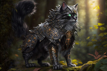 Fantasy concept art | majestic warrior cat emerges from the shadows. he is adorned in a suit of armor made of gleaming silver scales. With fur as black as midnight and eyes that glint like emeralds.Ai