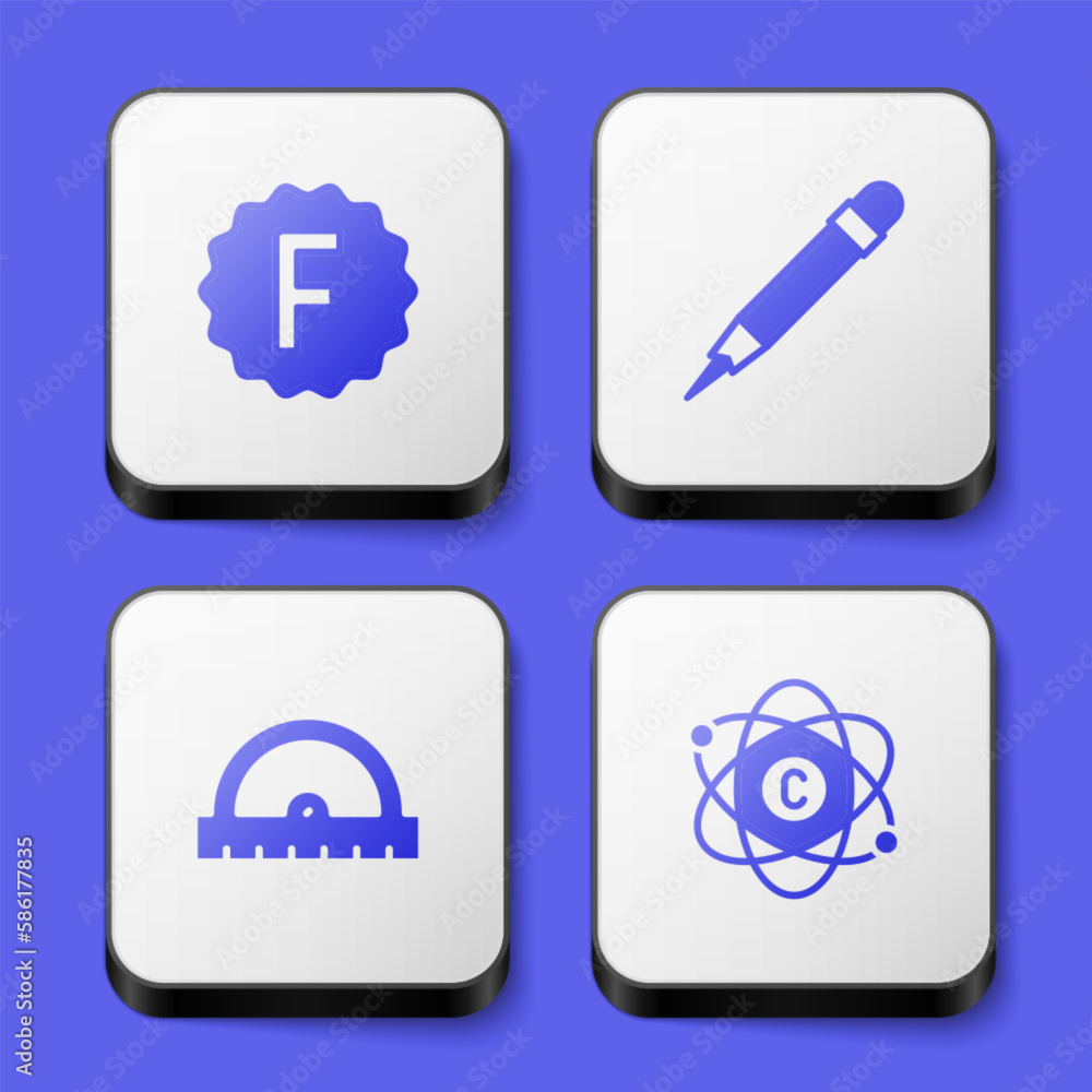 Poster set exam paper with incorrect answers, pencil eraser, protractor grid and atom icon. white square bu