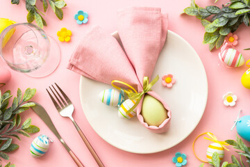 Easter table setting, Easter food background.