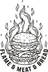 Burning burger or burger in fire with meat, cheese and vegetable for logo or emblem. American fast food or USA food with bun, lettuce, cheese, tomato, onion, cutlet for store.
