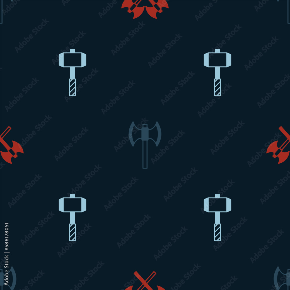 Poster set crossed medieval axes, medieval poleaxe and battle hammer on seamless pattern. vector
