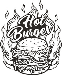 Burger in fire or burning burger with meat, cheese and vegetable for logo or emblem. American fast food or USA food with bun, lettuce, cheese, tomato, onion, cutlet for store.