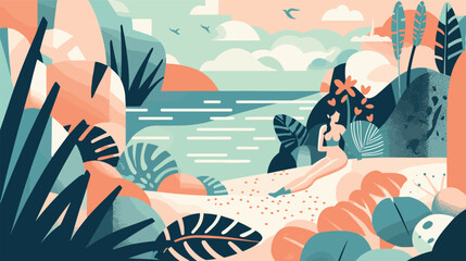 Abstract art summer beach  background vector. Modern shape line art wallpaper.