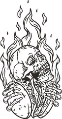 Burning skeleton with burger in hands. Skull in fire and hamburger with meat, cheese and vegetable for logo, print or poster. American fast food or USA food with bones