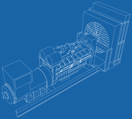 Generator. Diesel and gas industrial electric generator. The layers of visible and invisible lines are separated. Wire-frame outline.
