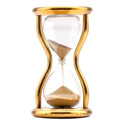 Golden sand hourglass on white background, symbol of time running out. Countdown to deadline, time management and urgency concept. Generative AI