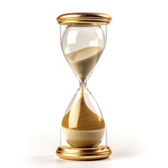 Golden sand hourglass on white background, symbol of time running out. Countdown to deadline, time management and urgency concept. Generative AI