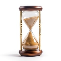 Golden sand hourglass on white background, symbol of time running out. Countdown to deadline, time management and urgency concept. Generative AI