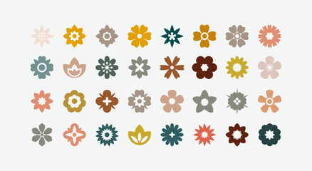 Flat flower color icons set. Simple flower silhouette.