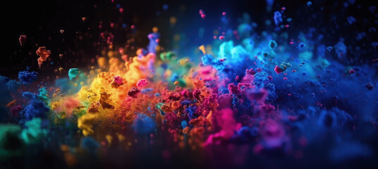 Fototapeta na wymiar Vivid burst of color. Abstract color explosion or powder burst type background. Shallow depth of field. Colorful eye catching abstract background. Wide format. Generative AI.