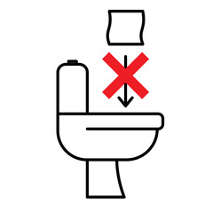 Sign prohibiting throwing garbage into the toilet. Outline toilet and red stop sign. Vector illustration isolated on a white background