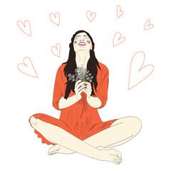 A woman sits in a lotus position, a happy woman holds a bouquet of flowers.