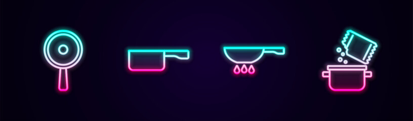 Set line Frying pan, on fire and Cooking pot and spice. Glowing neon icon. Vector