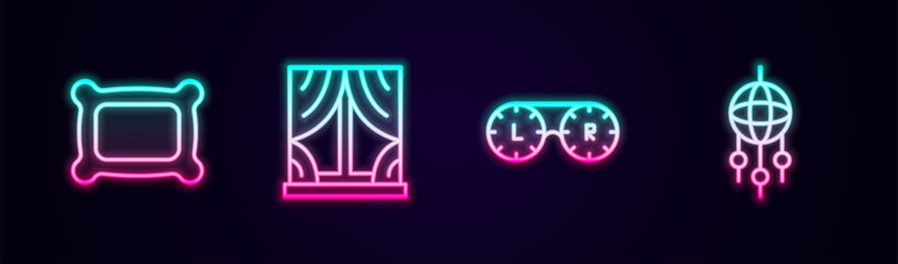 Set line Pillow, Window with curtains, Contact lens container and Dream catcher feathers. Glowing neon icon. Vector