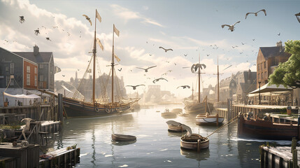 Small port in the morning generative ai