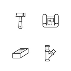 Set line Industry metallic pipe, Brick, Hammer and House plan icon. Vector