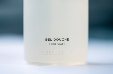 Close-up of bottle with gel douche, body wash, with volume marking 225 ml