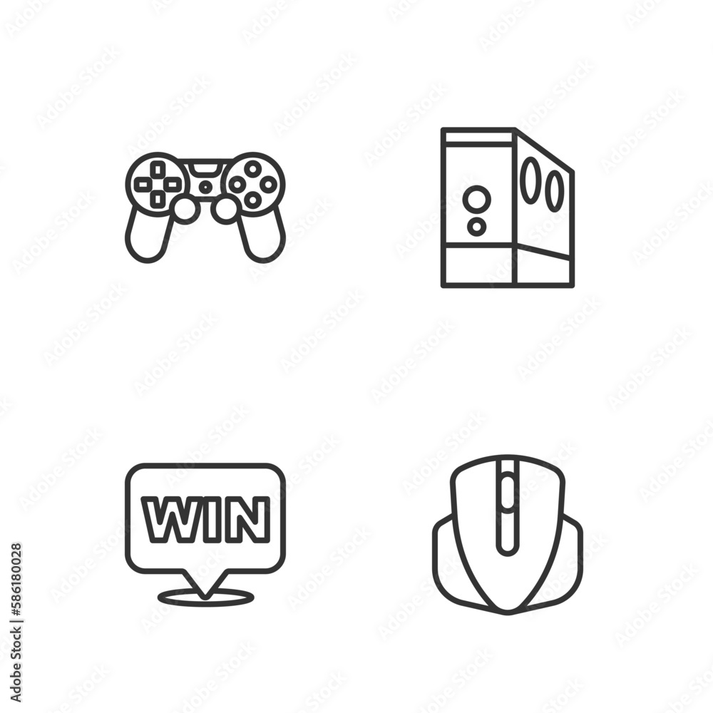 Poster set line computer mouse, medal, game controller or joystick and case of computer icon. vector