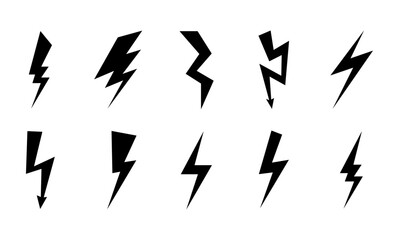 Set Of Black Lightning Bolt Vector Icon Illustration. Thunderbolt Flat Icon 