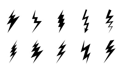 Set Of Black Lightning Bolt Vector Icon Illustration. Thunderbolt Flat Icon 