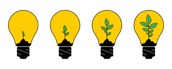 Profitable startups grow from fresh business ideas. Yellow glowing light bulbs, businessman watering and growing money trees. Flat vector illustration.