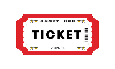 Red admit one movie ticket icon. Vector 