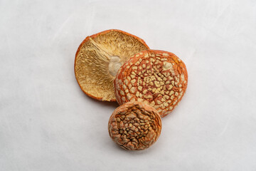 A group of edible amanita mushrooms on a mushroom farm in dry form growing on a white background...