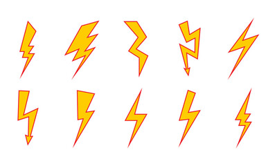 Set Of Yellow Lightning Bolt Vector Icon Illustration. Thunderbolt with a red line Flat Icon 